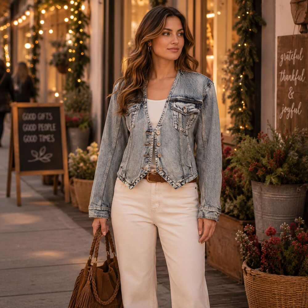 ANTHROPOLOGIE AVEC LES FILLES Women’s XS New Denim Trucker Jacket Trident 8513